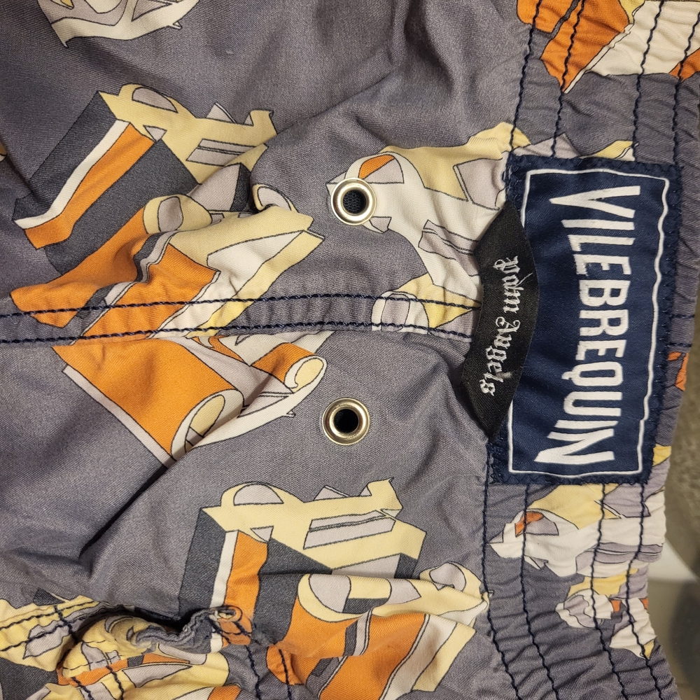 Vilebrequin X Palm Angels Printed Swim Trunks in Slate Gray & Orange